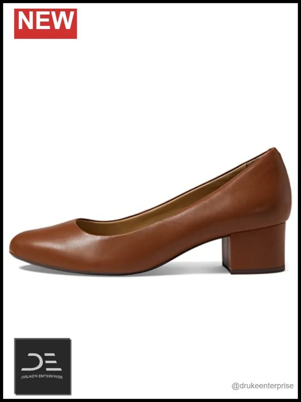 Womens Leather Block Heel Almond Toe Pump Slip-On Comfort Shoe